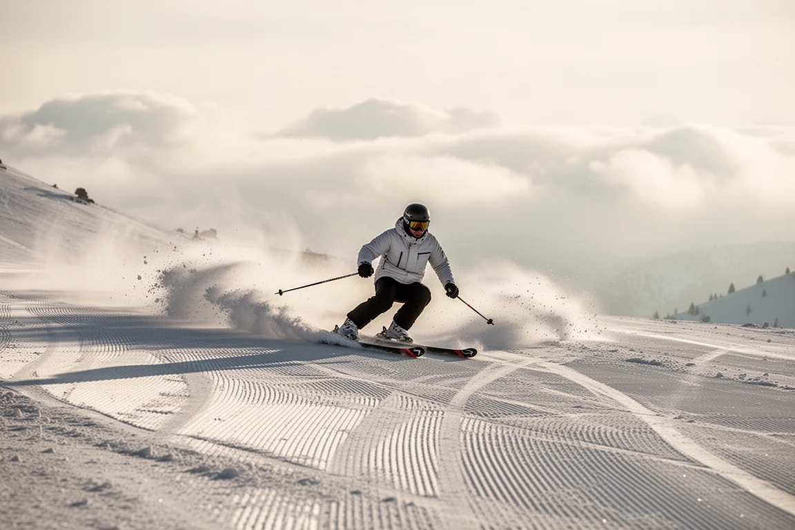 Skier making a sharp carved turn on firm groomed piste
