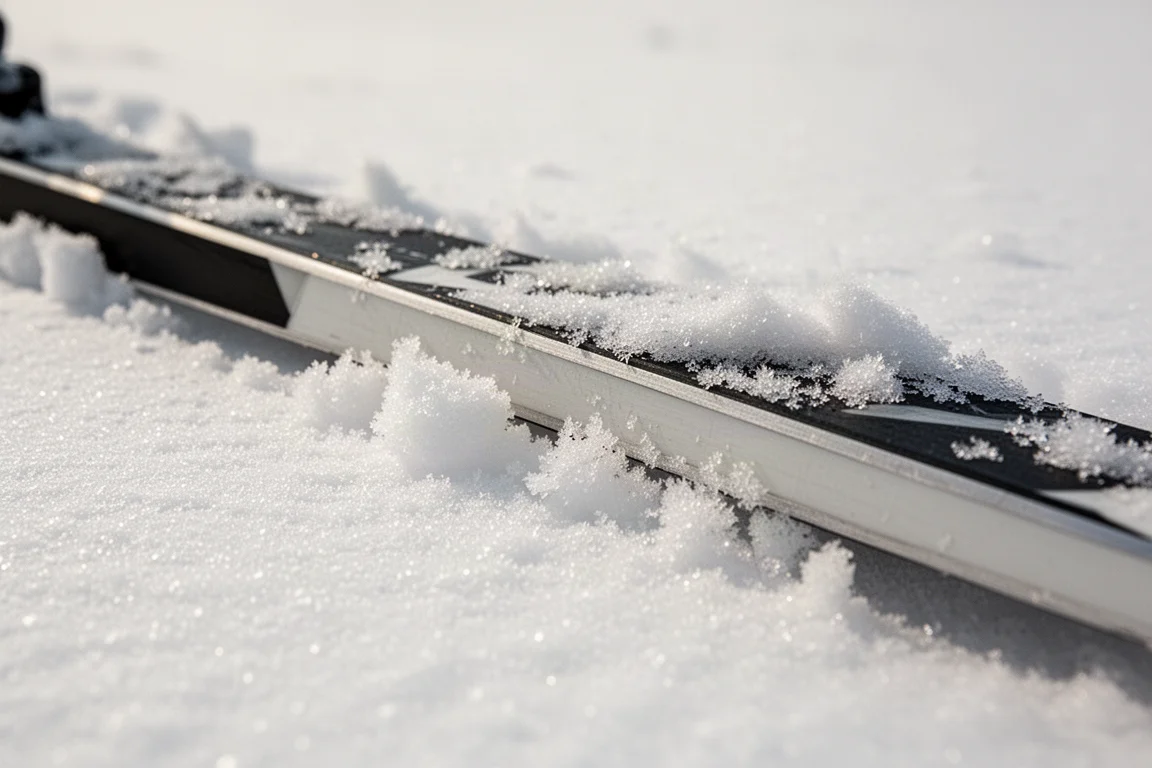 Close-up of a ski sidewall and edge on firm spring snow