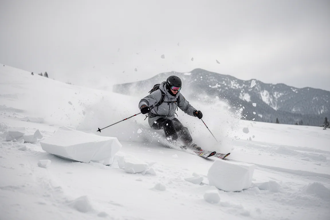 Skier cruising through crud and chop on an off-piste run