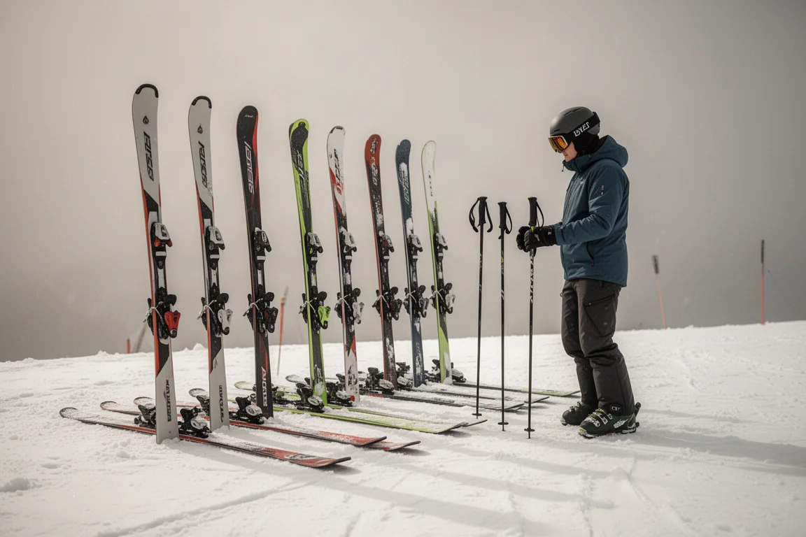Skier sizing up ski length beside a row of skis at a resort test area