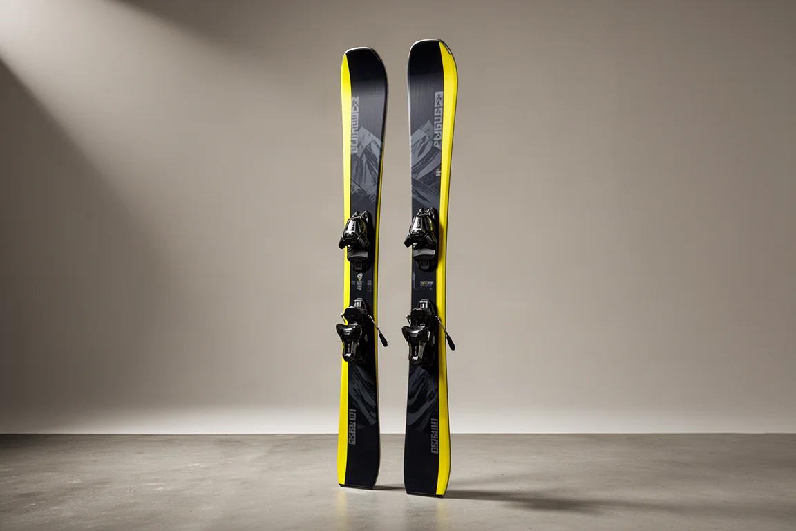 Rossignol Arcade 94W all-mountain skis with yellow sidewalls on a grey backdrop