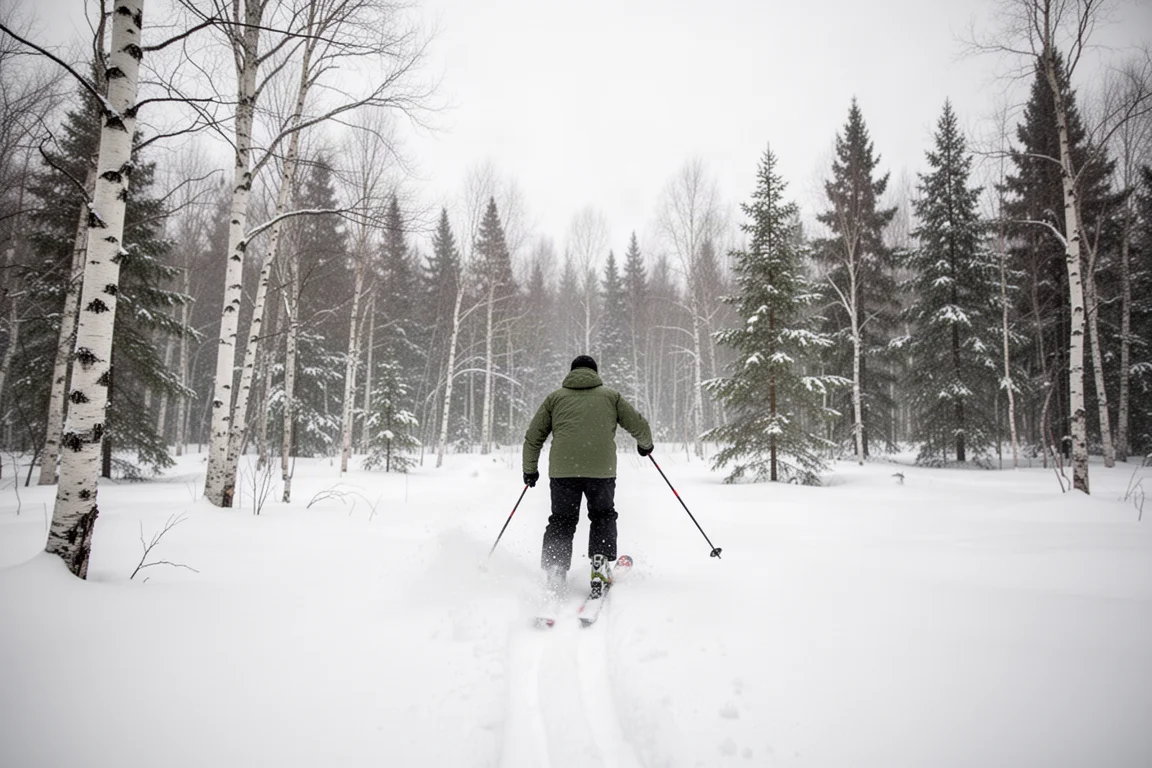 Narciarz wybijający świeży ślad przez zaśnieżony las na nartach biegowych backcountry