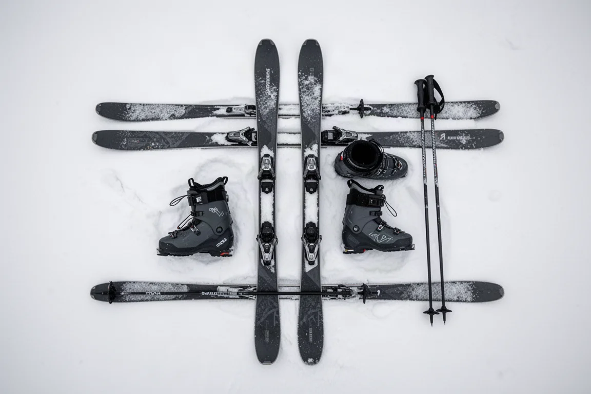 Widok z góry na kompletny zestaw nart biegowych backcountry rozłożony na śniegu