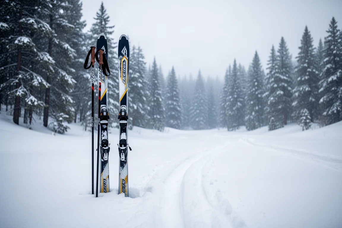 Backcountry cross-country skis standing in fresh snow beside a conifer treeline