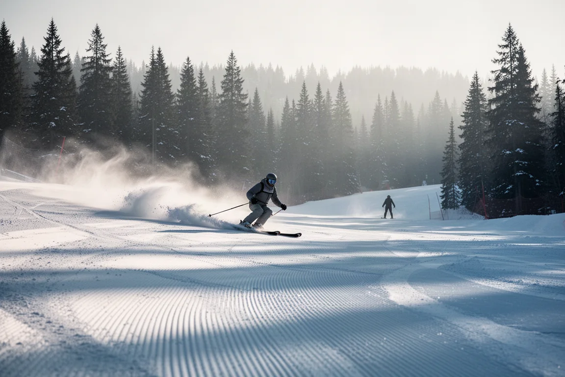 All-Mountain-Fahrer zieht bei frühmorgendlichem Licht eine frisch präparierte Piste in einem Skigebiet