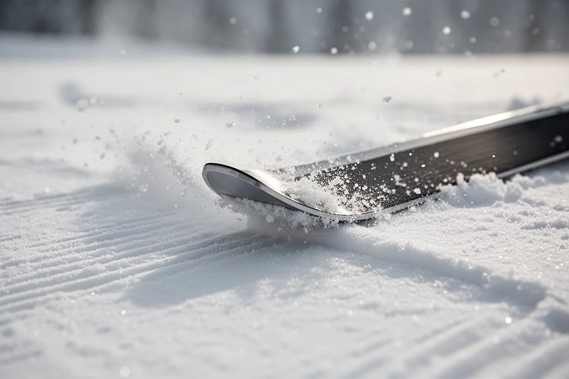Nahaufnahme einer Skikante und -seite, die während eines geschnittenen Schwungs auf hartem Schnee Halt findet