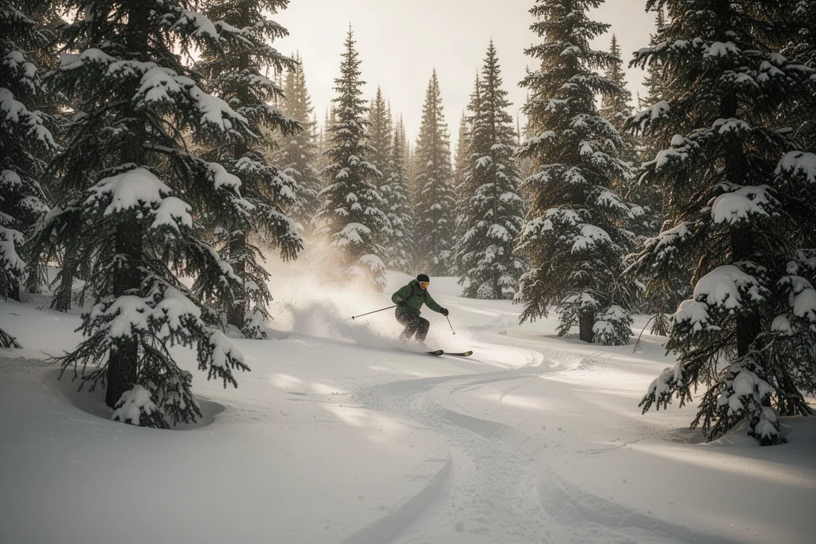 Skifahrer schlängelt sich durch baumreiche Abfahrten, während Pulverschnee von den Schwänzen spritzt