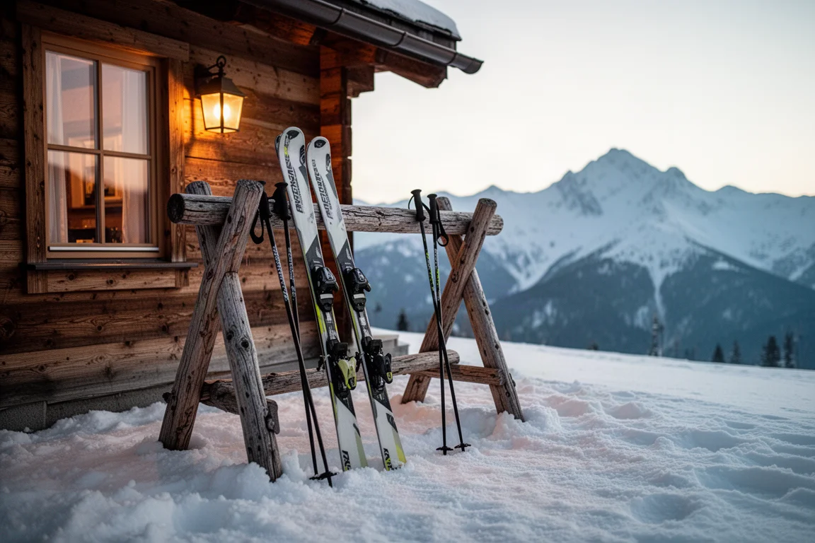 Skier und Stöcke lehnen in der Dämmerung an einem Holzständer vor einer Berghütte