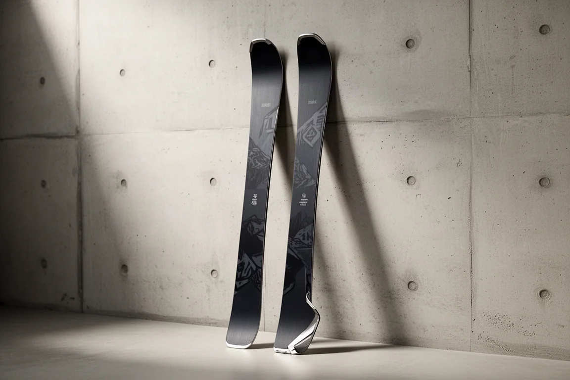 Paar All-Mountain-Twin-Tip-Skier mit aufgebogenen Spitzen und Schwänzen, angelehnt an eine Betonwand