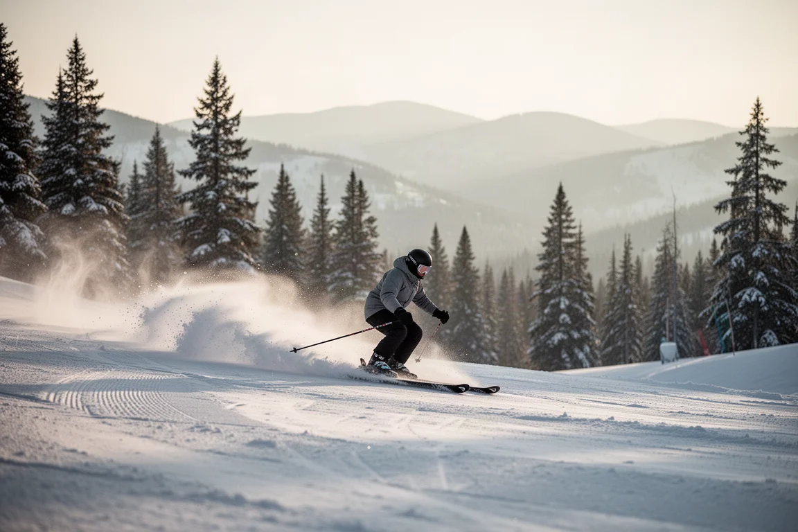 Skier carving a turn on a groomed slope with mountain ridges behind