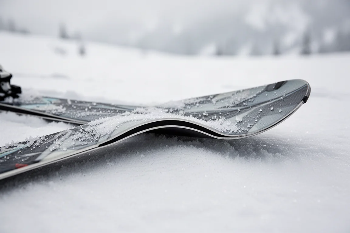 Close-up of a ski profile showing camber underfoot on packed snow