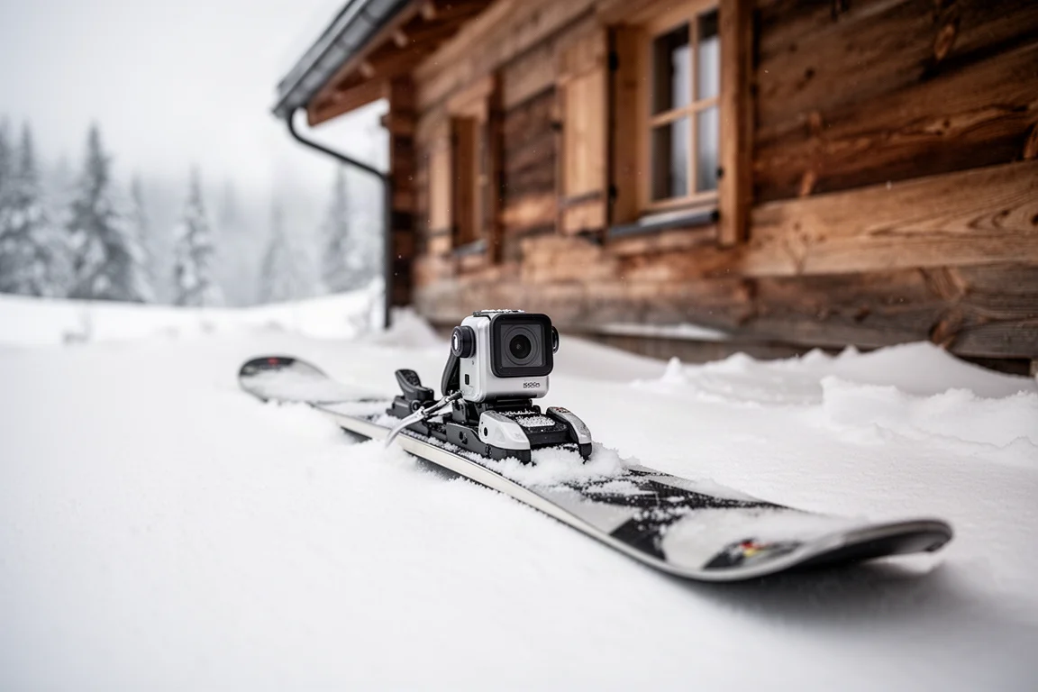 System binding mounted on a ski resting on snow outside a lodge