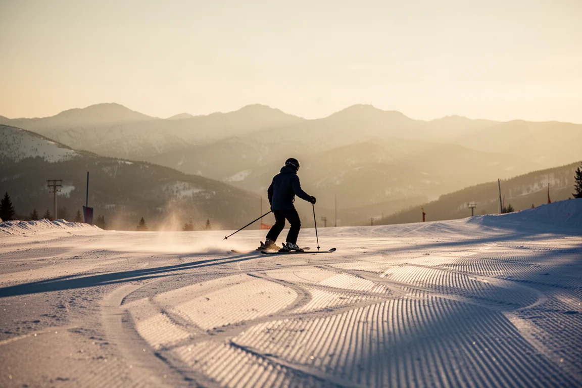 Skier traversing a groomed run at golden hour with long shadows