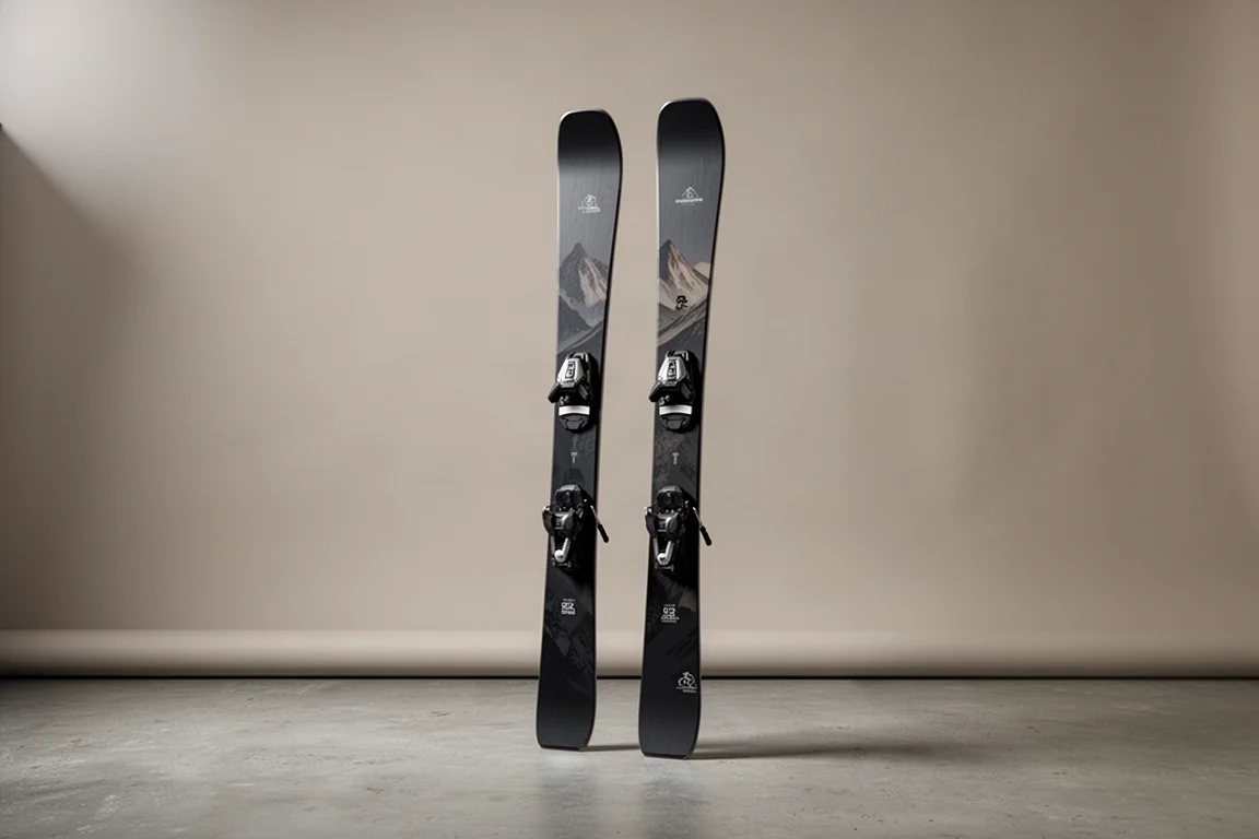 Pair of all-mountain skis with system bindings standing upright on a neutral backdrop