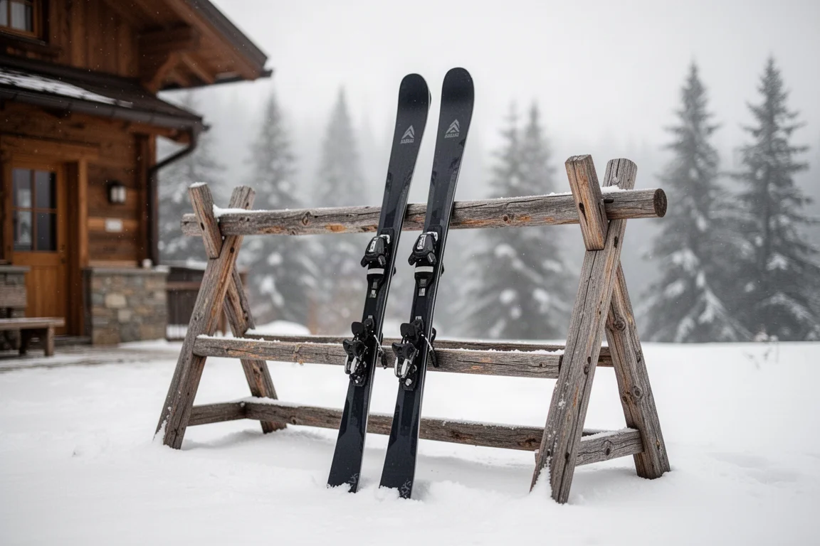 Paar All-Mountain-Twin-Tip-Skis lehnen bei weichem Licht an einem Holz-Skiständer