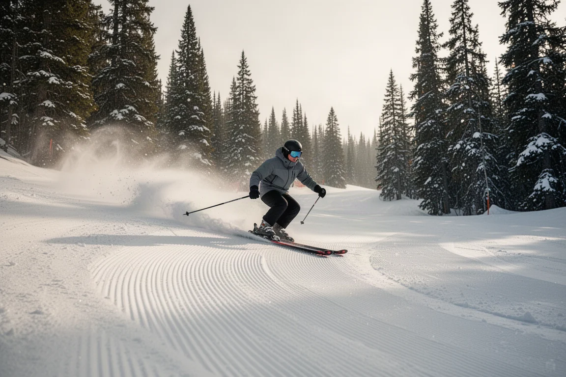 Skifahrer zieht eine saubere Schwungkurve auf der Piste, Bäume im Hintergrund