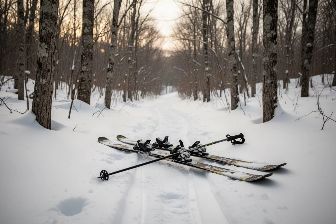 Skis und Stöcke liegen auf festem Schnee neben einer Spur durch kahle Bäume