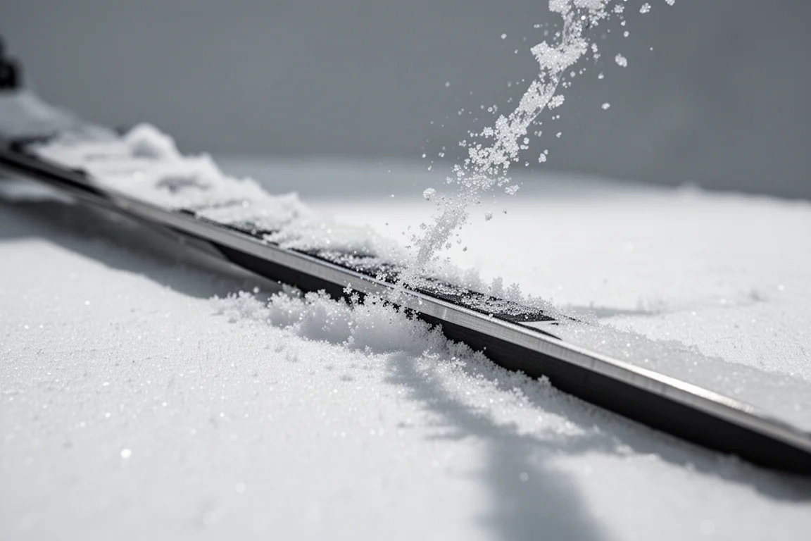 Primer plano de un canto de esquí mordiendo nieve firme compactada por el viento, con cristales de hielo elevándose