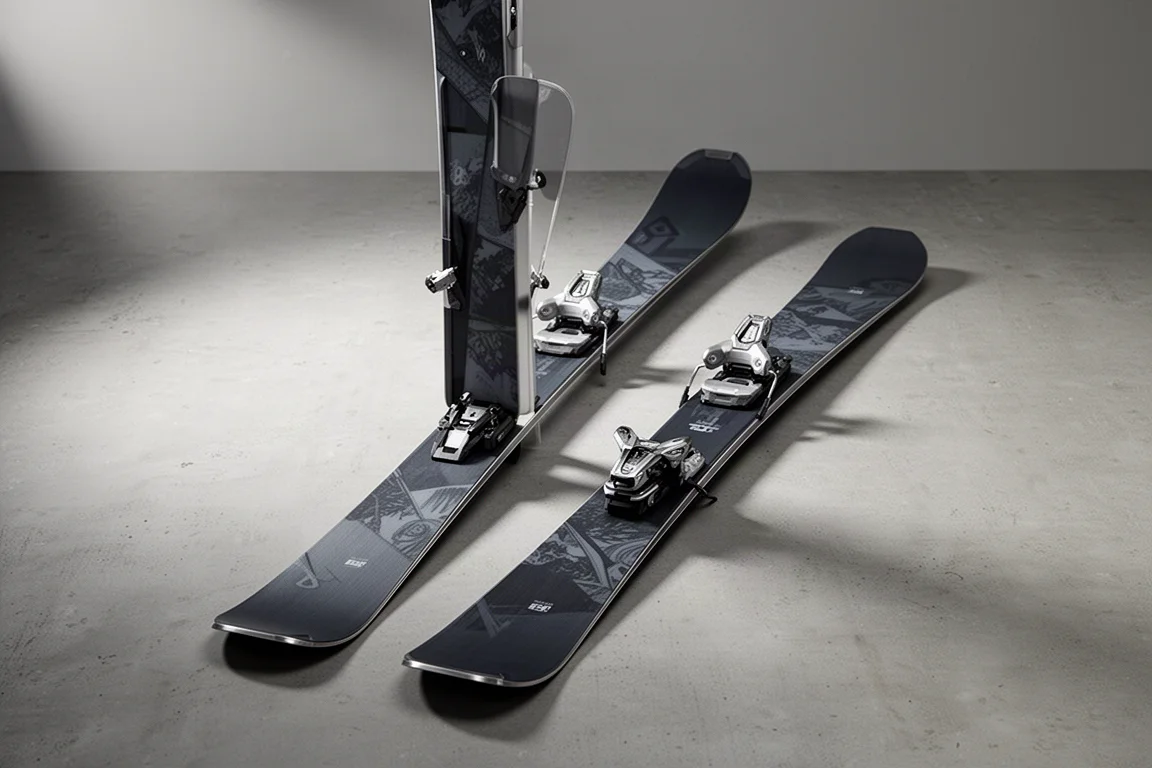 Pair of freeride skis with bindings displayed on a matte concrete surface