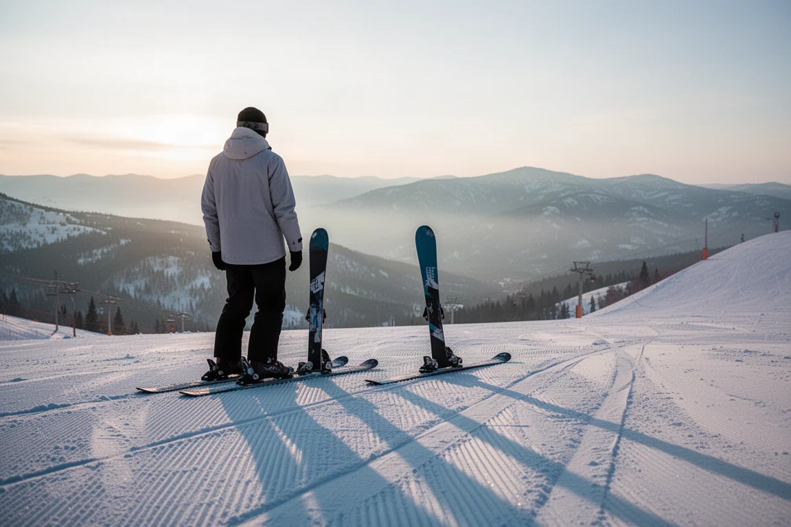Esquiador de pie en una pista preparada al amanecer con los esquís apoyados en la nieve