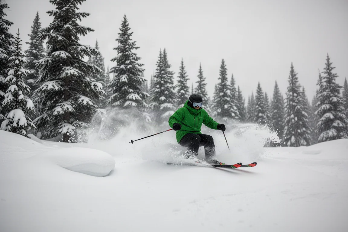 Esquiador trazando curvas entre bultos de nieve blanda en una zona de montaña rodeada de árboles