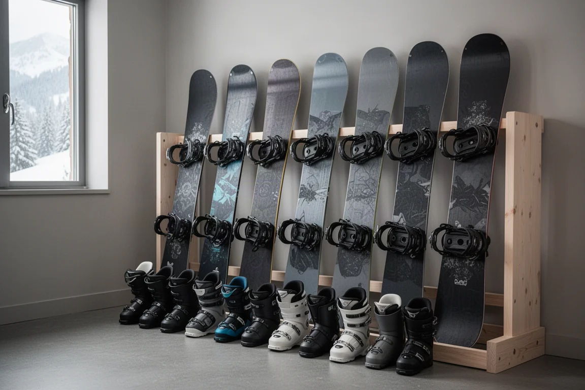 Tablas de snowboard con fijaciones montadas y botas de distintas tallas alineadas en un rack de alquiler de montaña