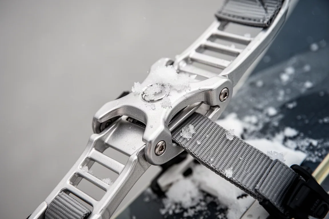 Primer plano de la hebilla de trinquete y la escalera de una fijación de snowboard con cristales de nieve