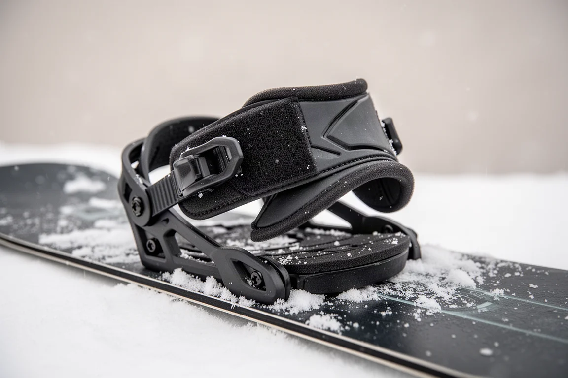 Estría de espuma del talón de una fijación de snowboard doblada sobre sí misma sobre una tabla nevada