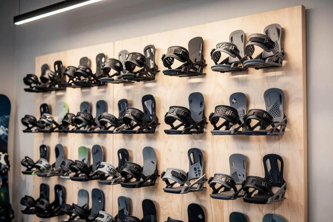 Expositor mural con fijaciones de snowboard montadas en filas en una tienda de deportes de montaña