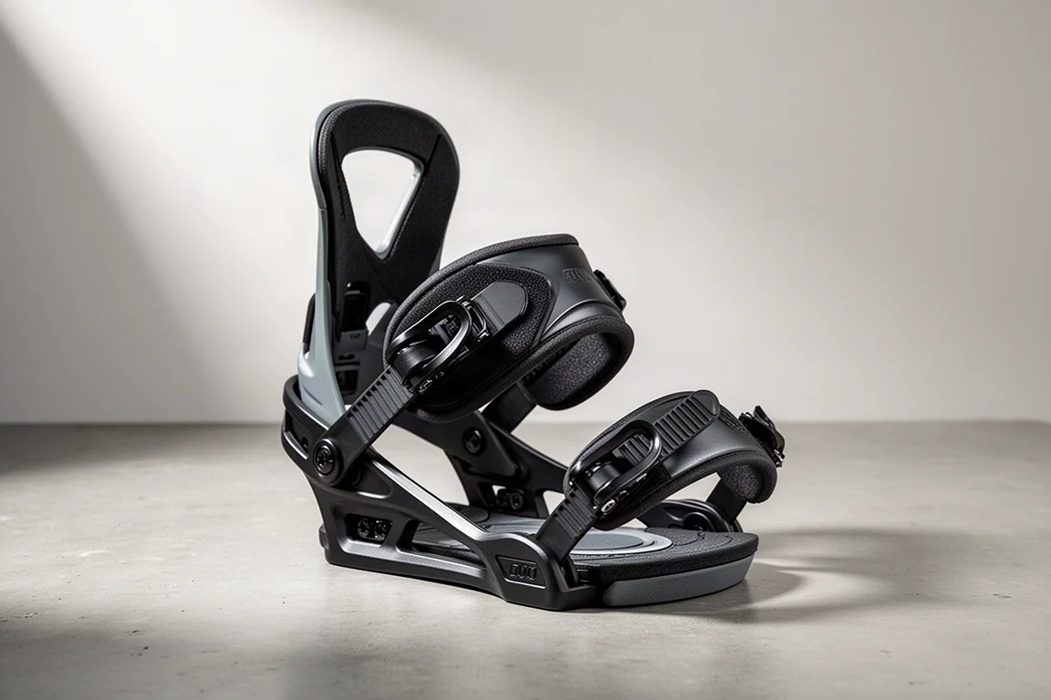 Snowboard binding with hard plastic highback, straps, and a wide base tray on concrete