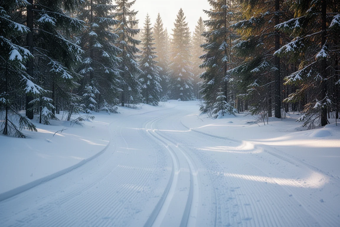 Vers geprepareerde klassieke langlaufspoor dat bij zonsopgang door een besneeuwd sparrenbos slingert