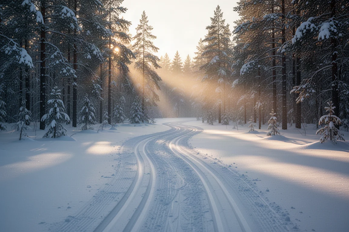 Frisch gespurte Classic-Skispuren, die sich im Morgengrauen durch einen verschneiten Kiefernwald schlängeln