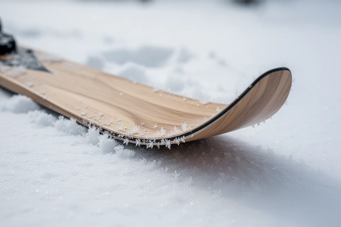 Nahaufnahme einer Langlaufskispitze und Cap-Konstruktion auf festem Schnee