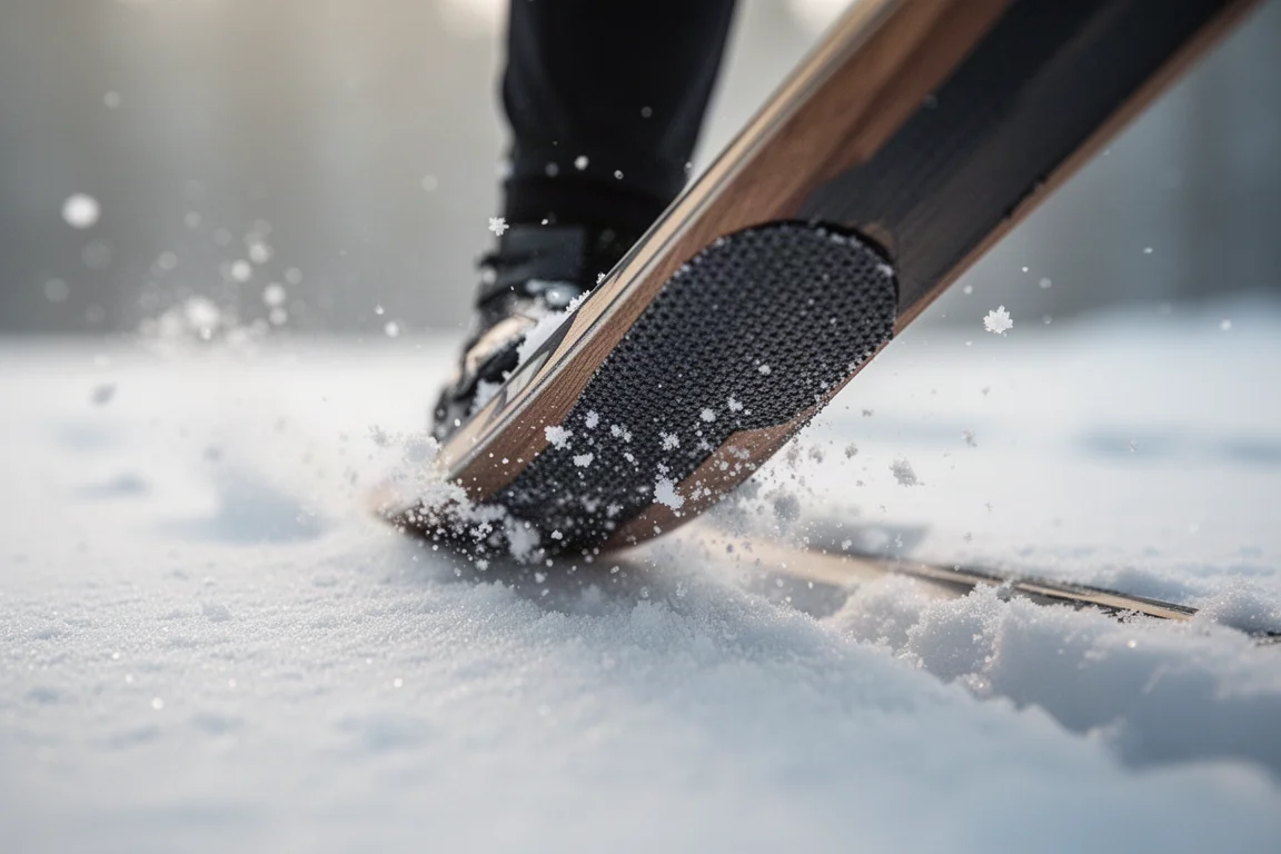 Skin-Einsatz unter einem Classic-Ski, der ins Morgenlicht in festen Schnee gedrückt wird