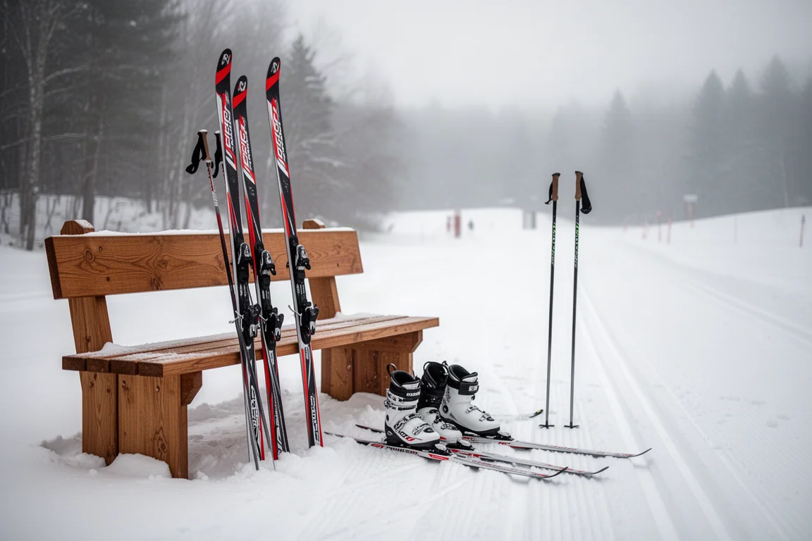 Classic-Skier, Schuhe und Stöcke neben einer Holzbank am verschneiten Loipeneinstieg
