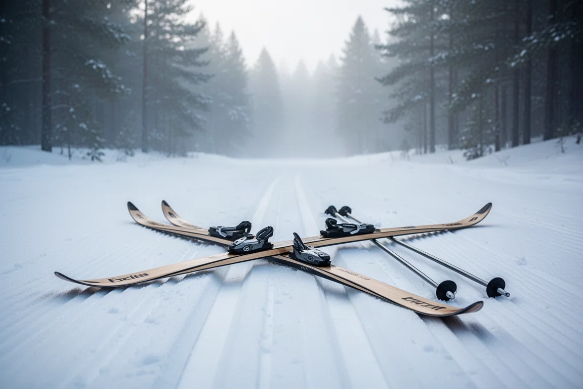 Para klasycznych nart biegowych na przygotowanym śniegu z sosnowym lasem w tle