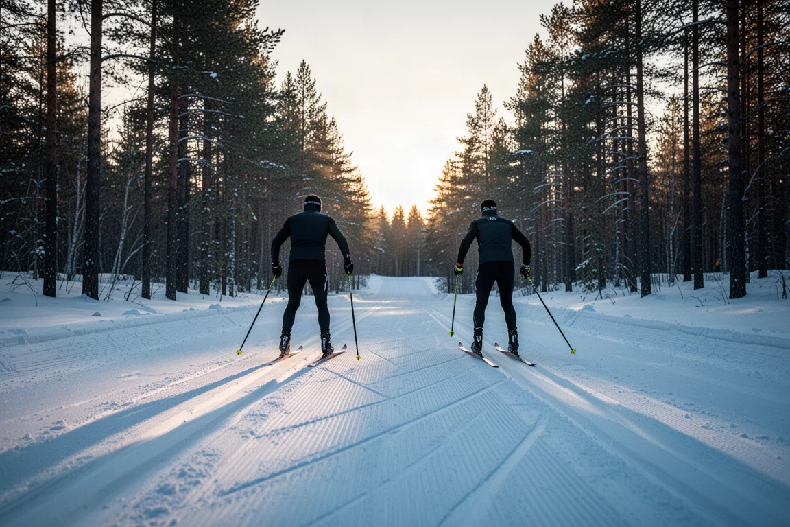 Dos esquiadores de patinaje deslizándose por una pista de nieve preparada al amanecer con bosque de pinos