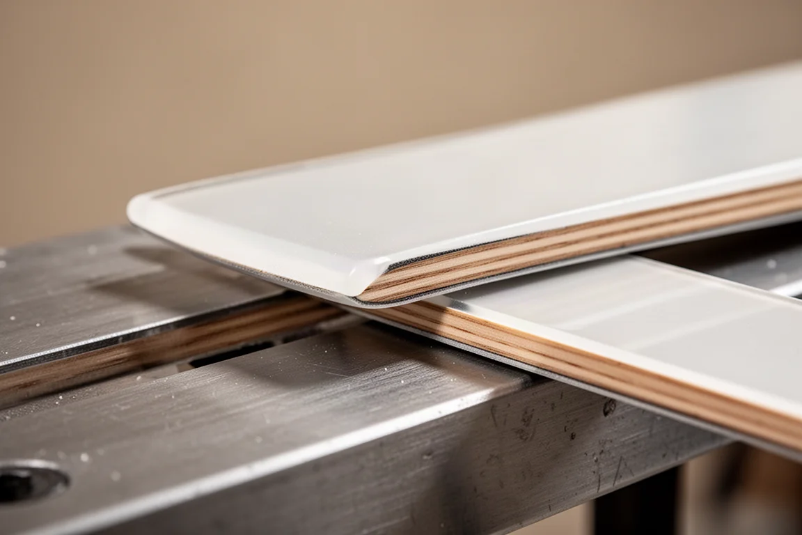 Detalle en primer plano de la superficie superior de un esquí de fondo mostrando la construcción de tapa sellada