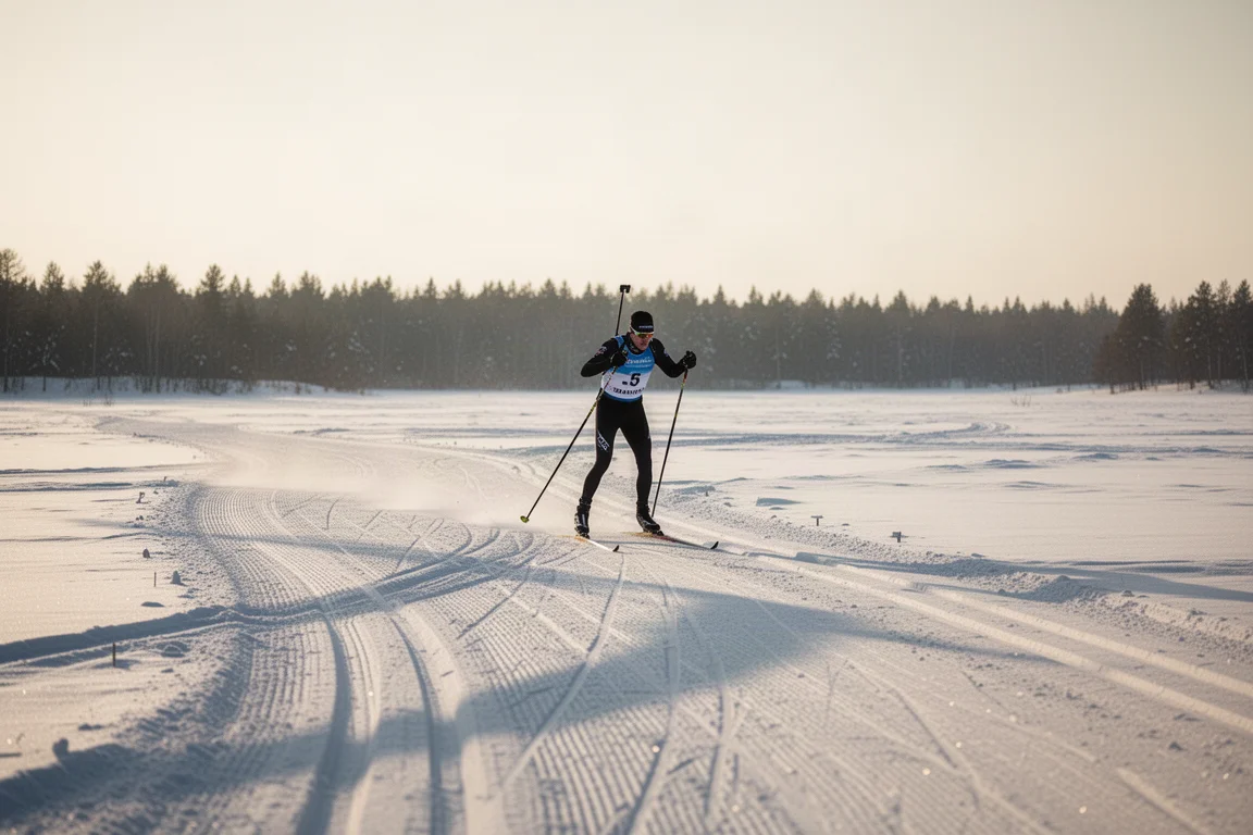 Esquiador de patinaje impulsándose por un campo de nieve preparado con luz de media tarde