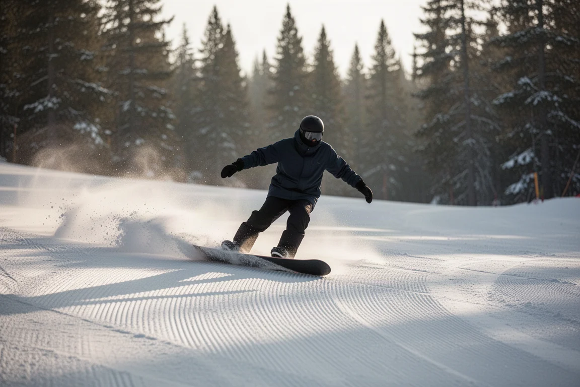Snowboard-Anfänger zieht eine weite, kontrollierte Kurve auf einer präparierten leichten Piste