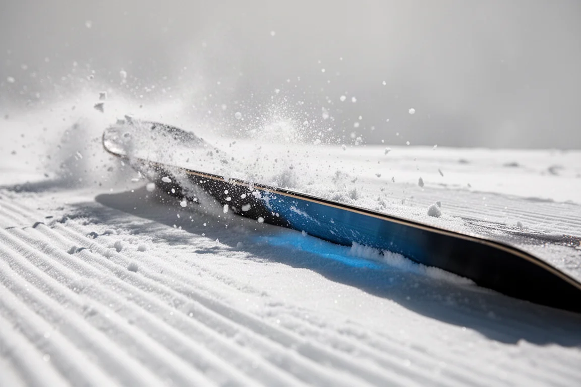 Nahaufnahme einer Snowboard-Kante, die durch präparierten Schnee mit feinem Sprühnebel schneidet