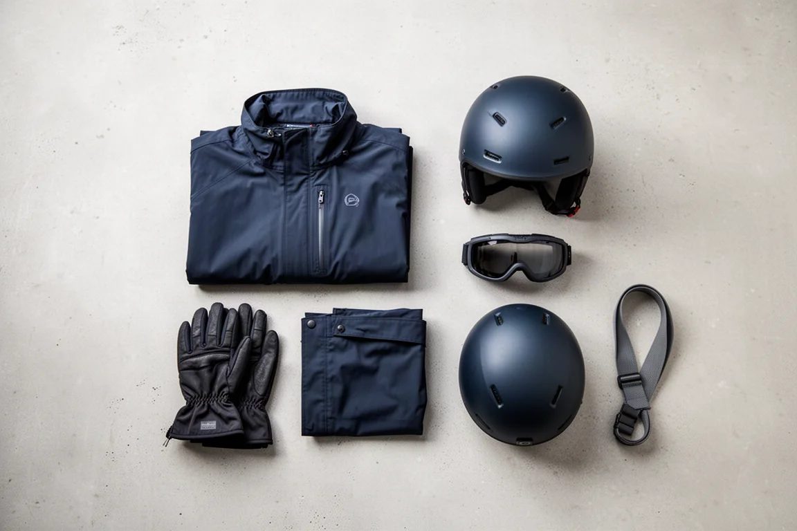 Snowboardjacke, Handschuhe, Goggles und Helm flach auf hellem Beton arrangiert