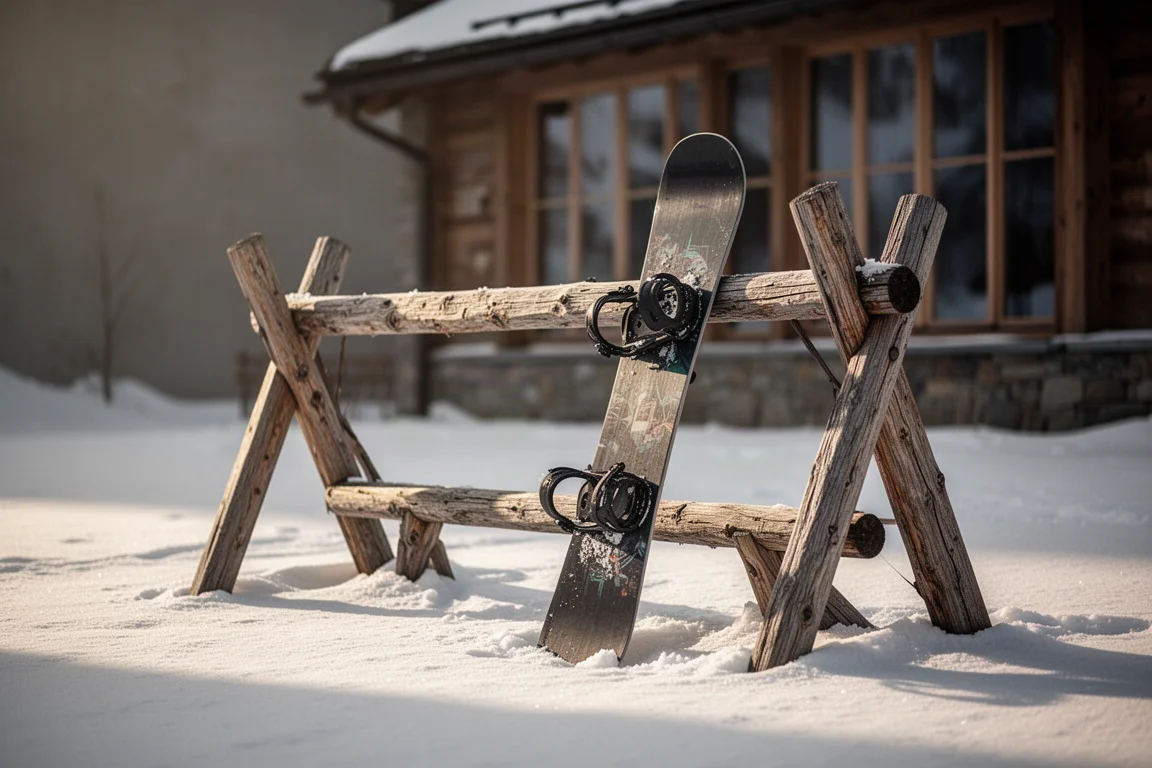 Snowboard lehnt in Nachmittagslicht an einem Holzständer vor einer Lodge