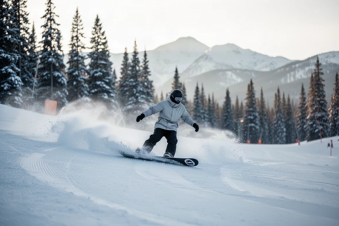 Snowboarder fährt einen präparierten Pistenabschnitt in weichem Morgenlicht