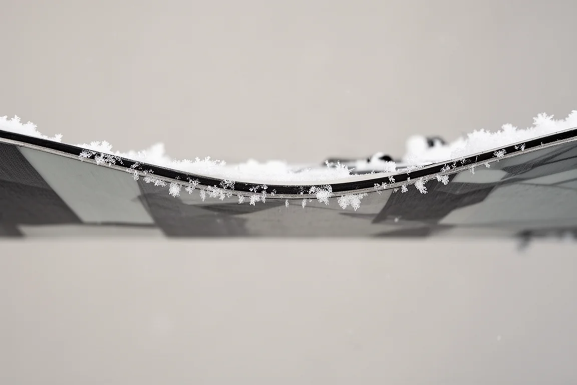 Detail eines Snowboard-Mittelteils und -Belags mit Schneekristallen entlang der Kante