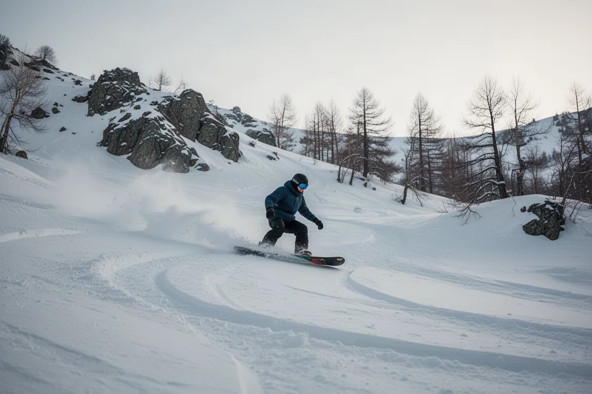 Fahrerin zieht Kurven durch variables All-Mountain-Gelände in einem Skigebiet