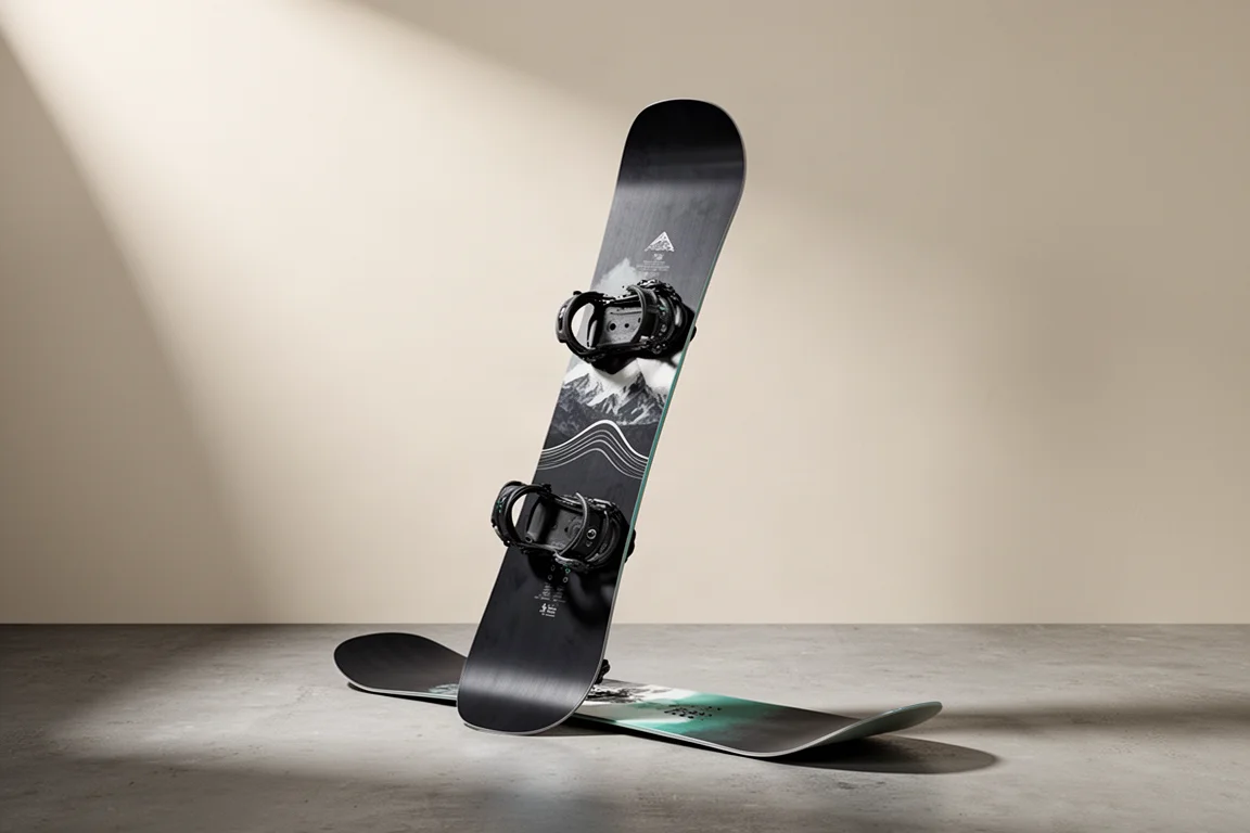 Women's all-mountain snowboard standing on a matte concrete surface in studio light