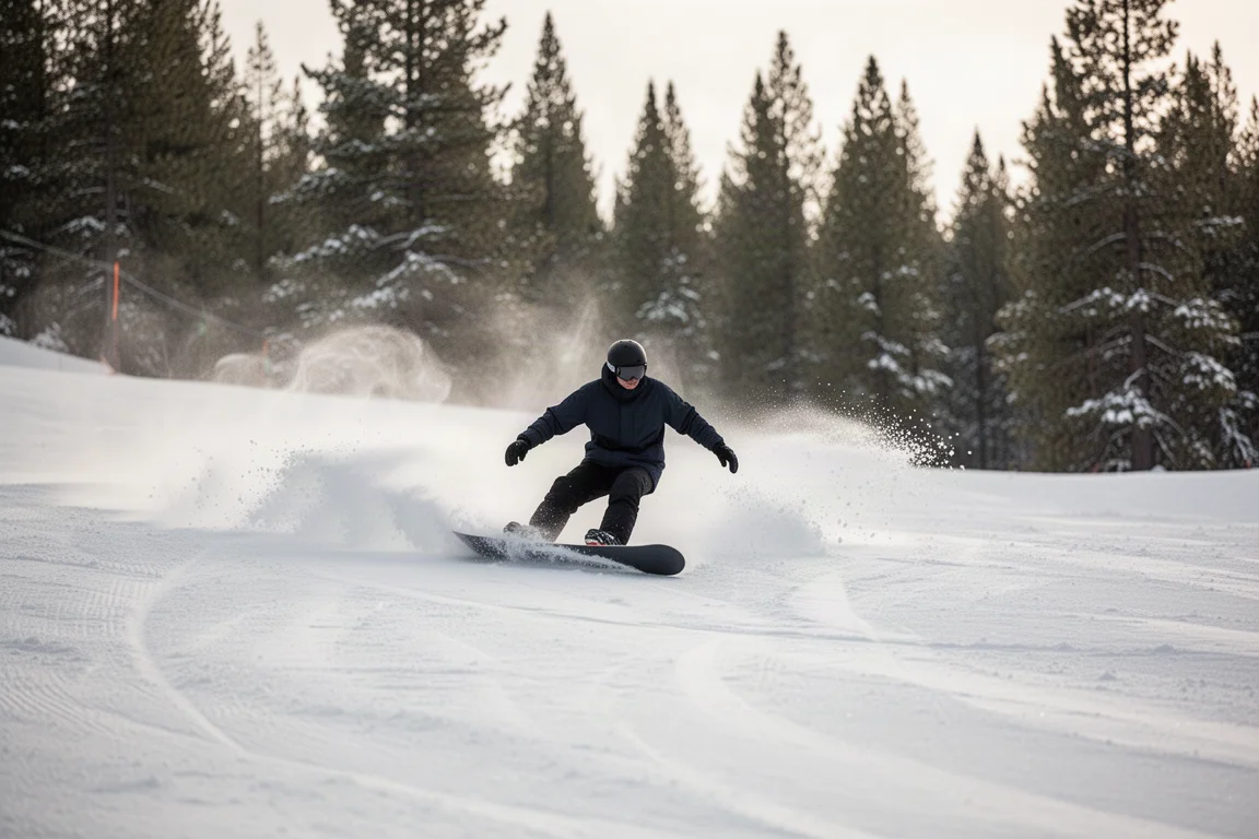 Snowboarder carving a turn on a groomed slope with snow spray