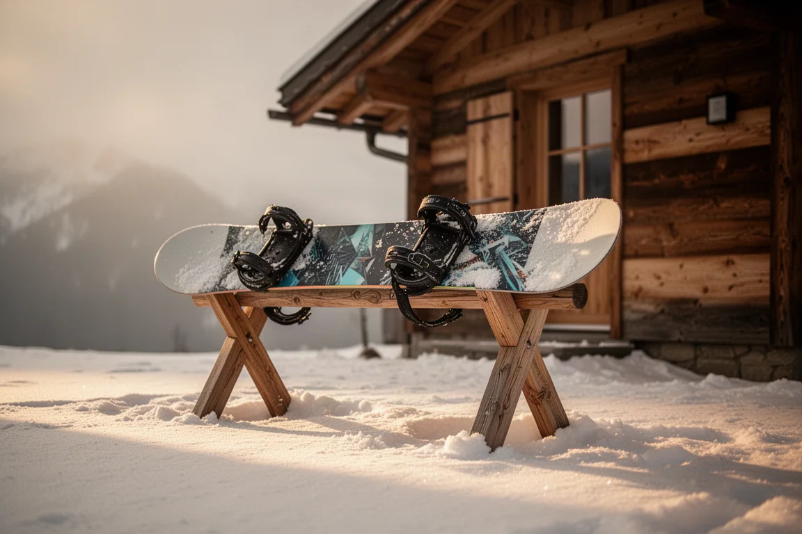Snowboard resting on a rack outside a timber lodge at golden hour