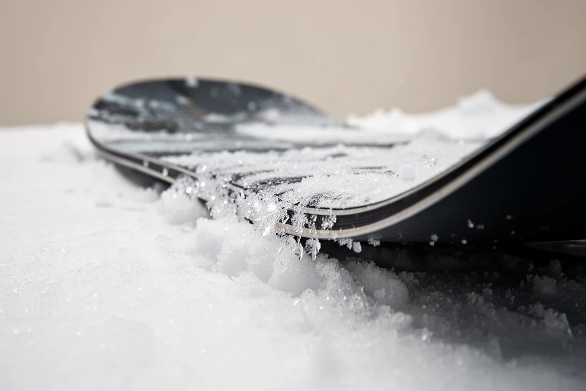 Close-up of a snowboard edge biting into packed snow